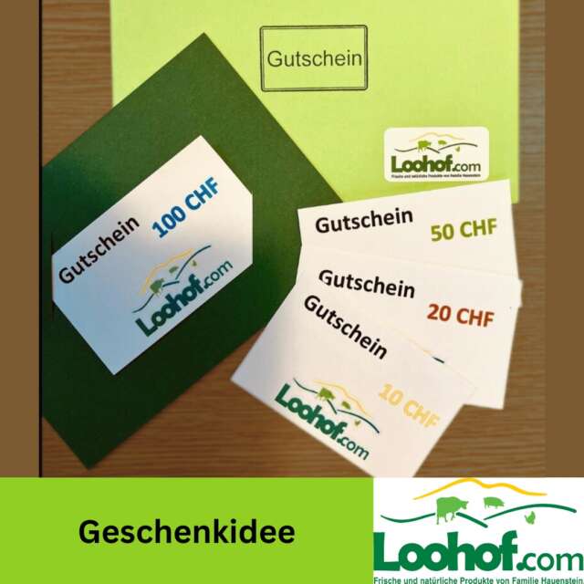 ✨ Die perfekte Geschenkidee zur Weihnachtszeit! 🎄💚

Suchst du noch ein regionales, nachhaltiges und persönliches Geschenk?
Unsere Loohof-Gutscheine sind ideal für alle Genussmenschen – perfekt für unter den Weihnachtsbaum! 🎁

Erhältlich in 10 CHF, 20 CHF, 50 CHF oder 100 CHF – schön verpackt und bereit zum Verschenken.

🌿 Regional • Natürlich • Vom Familienbetrieb
Mit einem Loohof-Gutschein schenkst du Qualität, Geschmack und echte Hoftradition.

❓Welchen Gutscheinwert würdest du am liebsten verschenken?

#Loohof #Geschenkidee #Weihnachten2025 #GenussSchenken #RegionalEinkaufen #DirektVomHof #SchweizerFleisch #Gutscheinidee