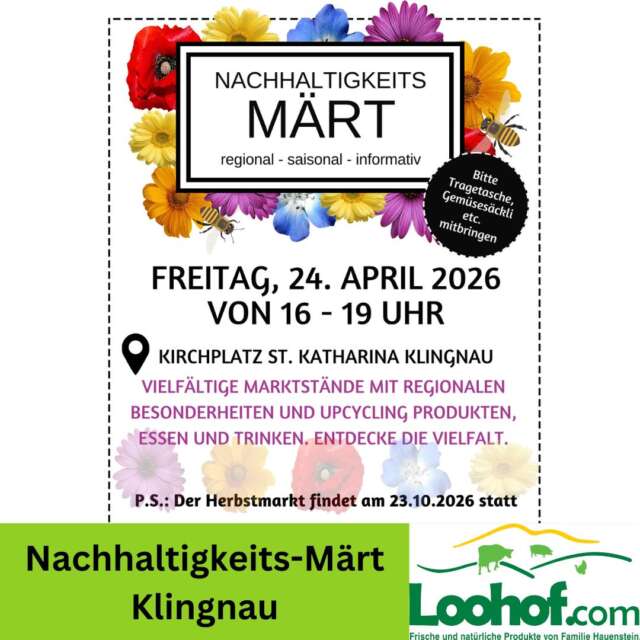 🌿🌸 Nachhaltigkeits-Märt Klingnau 🌸🌿

Am Freitag, 24. April 2026 sind wir von 16:00 – 19:00 Uhr am Nachhaltigkeitsmarkt in Klingnau mit dabei! 💚

👉 Vor Ort braten wir für euch feine Schnitzelbrote – perfekt für ein frisch zubereitetes Znacht direkt vom Hof. 🥖🔥

Kommt vorbei, entdeckt regionale & nachhaltige Produkte und geniesst die gemütliche Marktstimmung. 🌾✨

❓Wer kommt auf ein Schnitzelbrot vorbei? 😋

#Loohof #Nachhaltigkeitsmarkt #Klingnau #RegionalGenießen #DirektvomHof #Schnitzelbrot #Znacht #NachhaltigLeben
